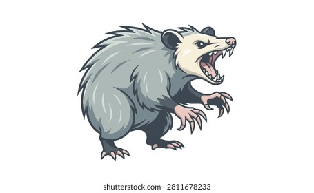Feral possum standing in an aggressive stance with sharp claws and snarling expression.