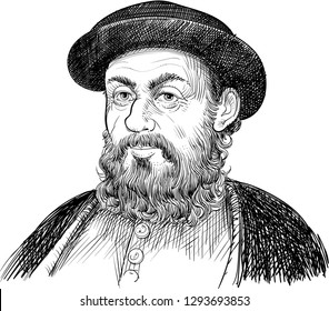 Ferdinand Magellan (1480-1521) portrait in line art illustration. He was a Portuguese explorer and navigator who is the first European to cross the Pasific Ocean.