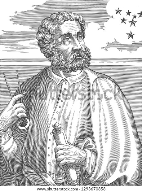 Ferdinand Magellan\
(1480-1521) portrait in line art vector illustration. He was a\
Portuguese explorer who organised Spanish expedition to East Indies\
to circumnavigate the earth.\
