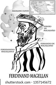 Ferdinand Magellan.The great Portuguese and Spanish explorer and discoverer. Strait of Magellan and Magellanic Clouds. Vector image svg
