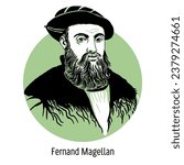 Ferdinand Magellan was a Portuguese and Spanish navigator with the title of adelantado. Hand drawn vector illustration.