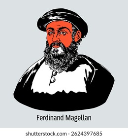 Ferdinand Magellan was a Portuguese and Spanish navigator with the title of adelantado. He commanded the expedition that made the first circumnavigation of the world. Hand-drawn vector illustration