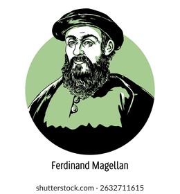 Ferdinand Magellan was a Portuguese and Spanish navigator with the title of adelantado. He commanded the expedition that made the first circumnavigation of the world. Hand-drawn vector illustration