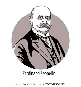 Ferdinand Zeppelin war ein deutscher Erfinder und Militärführer, Designer zahlreicher Luftschiffe. Handgezeichnete Vektorgrafik