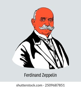 Ferdinand Zeppelin foi um inventor e líder militar iemecquiano, designer de numerosos dirigíveis. Ilustração de vetor desenhada à mão