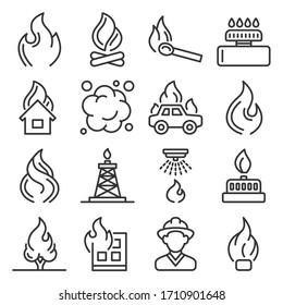 Flores y iconos para combatir incendios en fondo blanco. Vector de estilo de línea