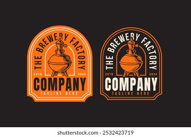 fermentação, fervura, filtração máquina de fabricação de cerveja tanque retro emblema logotipo design para cerveja, artesanato, cervejaria. tubo e cobre produção cerveja emblema coleção logotipo para fábrica de cervejaria e indústria 