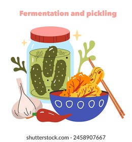 Fermentation concept. Pickles in a jar and kimchi in a bowl illustrate home pickling methods with garlic and chili. Vector illustration.