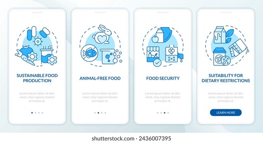 Fermentation food security blue onboarding mobile app screen. Walkthrough 4 steps editable graphic instructions with linear concepts. UI, UX, GUI template. Myriad Pro-Bold, Regular fonts used