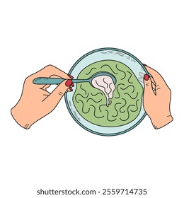 Fermentation. People hands add salt to food. Mixing food in bowl with spoon. Cooking and canning concept. Hand drawn doodle style vector illustration.