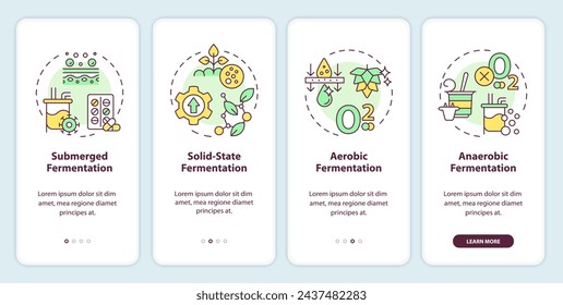 Fermentation processes types onboarding mobile app screen. Walkthrough 4 steps editable graphic instructions with linear concepts. UI, UX, GUI template. Myriad Pro-Bold, Regular fonts used