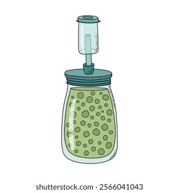 Fermentation step. Pack ingredients into vessel and add liquid. Home canning concept. Hand drawn doodle style vector illustration.
