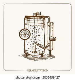 Fermentation tank. Equipment for the production of cider. Vintage sketch garden background. Hand drawn design. Vector illustration. 