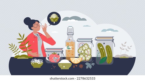 Fermented foods with healthy pickles and cabbage in jars tiny person concept. Food for gut health and gastrointestinal supplement eating vector illustration. Fermentation process for healthy digestion