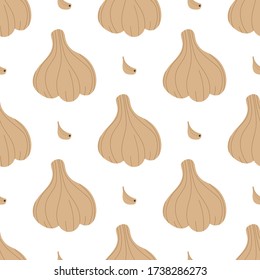 Fermented garlic bulb and cloves vector seamless pattern background.