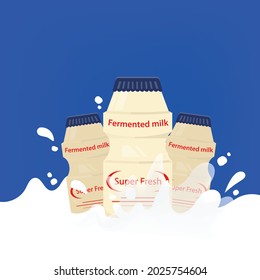 Fermented milk or drinking yogurt with splashing milk on blue background