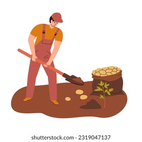 Fermer digs potatoes. Man harvests. Flat vector illustration.