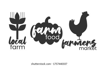 Fermers products icon set. local food simple stamps collection. Typographic eco farm insignia in monochrome style. Simbols with text vector illustration.