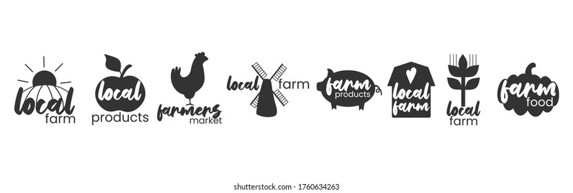 Fermers products icon set. local food simple stamps collection. Typographic eco farm insignia in monochrome style. Simbols with text vector illustration