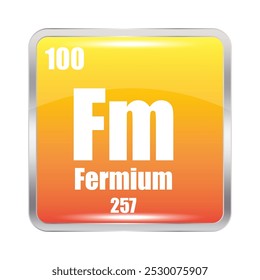 Fermium element symbol. Atomic number 100. Mass 257. Yellow square icon.