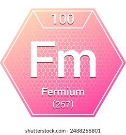 Fermium (Fm) (100) Actinide - Fundamental Chemical Element, Periodic Table in Chemistry Symbol, Name, Atomic Mass, Number, Chemistry Hexagon Logo Icon Design, White Background