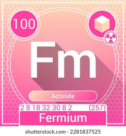 Elemento Fermium (Fm) - Actinide - Tabla periódica, símbolo químico, nombre, peso atómico, número atómico, conchas eléctricas, clasificación, fase en STP - Diseño de iconos de logotipos químicos
