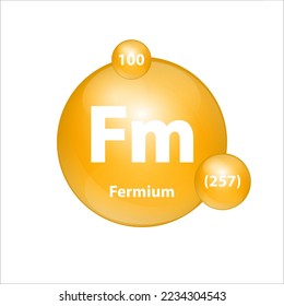 Fermium (Fm) icon structure chemical element round shape circle yellow dark. Chemical element of periodic table Sign with atomic number. Study in science for education. 3D Illustration vector. 