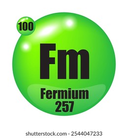 Fermium icon. Fm chemical element. Atomic number 100. Mass 257. Green sphere image.