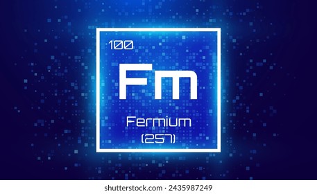 Fermio. Elemento de tabla periódica con símbolo Fm. Tarjeta de elemento químico con número y peso atómico. Diseño para Educación, Laboratorio, Clase de Ciencias. Ilustración vectorial.