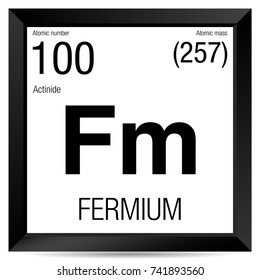 Fermium symbol. Element number 100 of the Periodic Table of the Elements - Chemistry - Black square frame with white background
