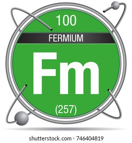 Fermium symbol inside a metal ring with colored background and spheres orbiting around. Element number 100 of the Periodic Table of the Elements - Chemistry 