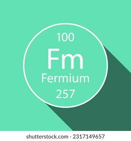 Fermiensymbol mit langer Schattengestaltung. Chemisches Element der periodischen Tabelle. Vektorgrafik.
