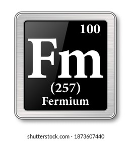 Fermium symbol.Chemical element of the periodic table on a glossy black background in a silver frame.Vector illustration.