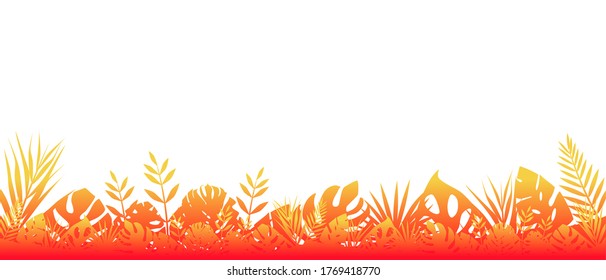 Fern background red fluorescent. Horizontal decoration of tropical forests under scorching sun, floral botanical with elegant saturated leaves fern wild natural lawn rays rising vector sun.