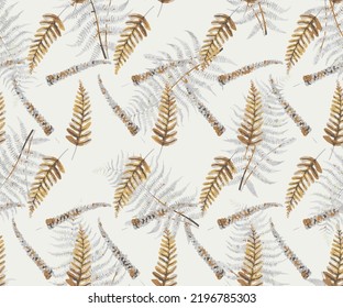 fern branches pattern isolated on half white background. flat lay, top view,seamless pattern with fir tree branches, yellow branches with leaves Botanical tropical fern leaves,