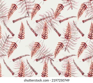 fern branches pattern isolated on half white background. flat lay, top view,seamless pattern with fir tree branches, pink branches with leaves Botanical tropical fern leaves,