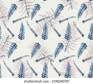 fern branches pattern isolated on half white background. flat lay, top view,seamless pattern with fir tree branches, blue branches with leaves Botanical tropical fern leaves,