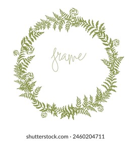 Fern circle frame. Autumn wreath with fern leaves. Vector composition for web design, print, advertising, invitations, greeting cards. Simple template. White background.