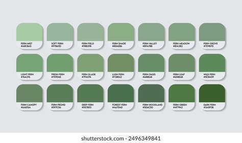 Fern Farbpalette, Fern Grün Farbleitpalette mit Farbnamen. Katalog Beispiele von Grün mit RGB HEX-Codes und Namen. Grüne Farben Palette Vektor, Mode Trend Fern Grüne Farbtöne Vektor