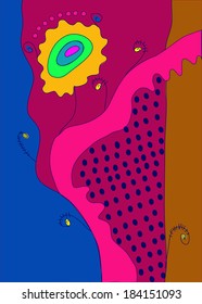 Fern flower, decorative composition on a blue, purple, ocher background. Ukrainian folklore.