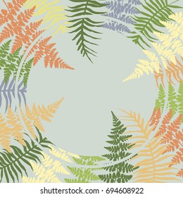 Fern frame circle vector illustration. Polypodiophyta plant jungle leaves decor on grey - tropical forest background. Fern growing plants, green bushes herbs, fern frond grass round border.