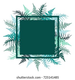 Fern frond bracken square frame vector illustration. Blue turquoisen tropical forest plant leaves background. Detailed bracken herbs image, fern frond grass border for text, rainforest leaves.
