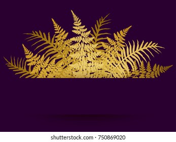 Fern frond frame vector illustration. Polypodiophyta plant gold leaves decoration on dark background. Detailed bracken fern plant image, tropical forest herbs, fern frond gold grass card border.