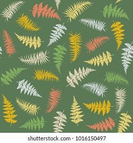 Fern frond herbs, tropical forest plant leaves seamless vector background illustration. Bracken foliage jungle leaves, tropical forest fern grass herb seamless pattern background in red, green, orange