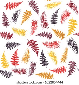 Fern frond herbs, tropical forest plant leaf seamless vector background illustration. Bracken foliage, jungle leaves, tropical forest fern grass herb seamless pattern background in red, orange, brown