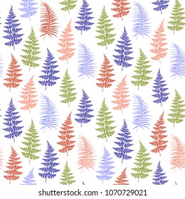 Fern frond herbs, tropical forest plant leaves seamless vector fabric design. Fashionable herbal pattern. Forest bush plant, exotic leaves tropical fern grass herb seamless background.