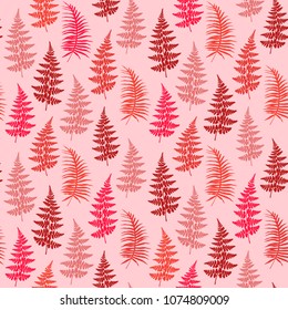 Fern frond herbs, tropical forest plant leaves seamless vector textile print. Trendy herbal pattern. Forest bush plant, exotic leaves tropical fern grass herb seamless textile background.