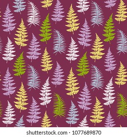 Fern frond herbs, tropical forest plant leaves seamless vector illustration. Sophisticated herbal pattern. Forest growing plant jungle leaves tropical fern grass herb seamless fabric background.