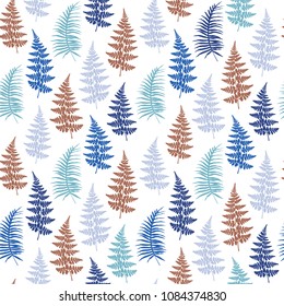 Fern frond herbs, tropical forest plant leaves seamless vector fabric design. Elegant herbal pattern. Forest bush plant, exotic leaves tropical fern grass herb seamless fabric background.