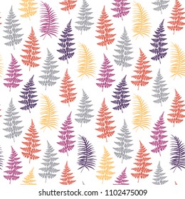 Fern frond herbs, tropical forest plant leaves seamless vector backdrop. Botanical herbal pattern. Forest bush plant, exotic leaves tropical fern grass herb seamless background.
